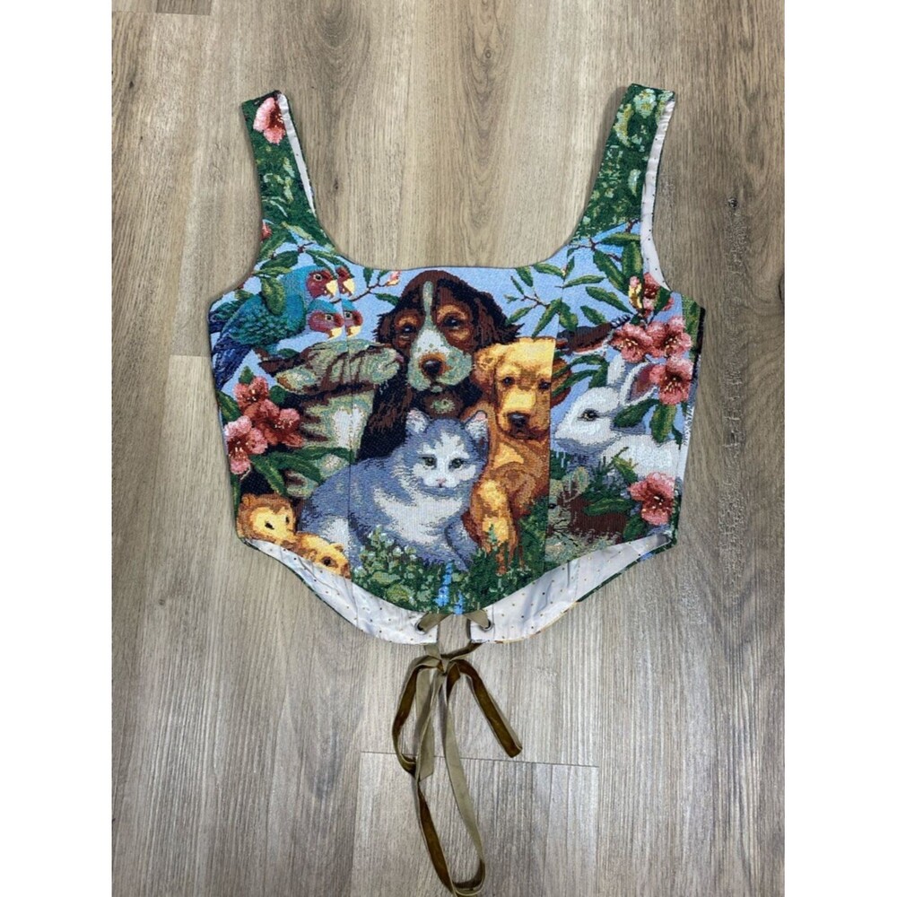 Tapestry Corset Style Crop Top with lace up back and cute animal print